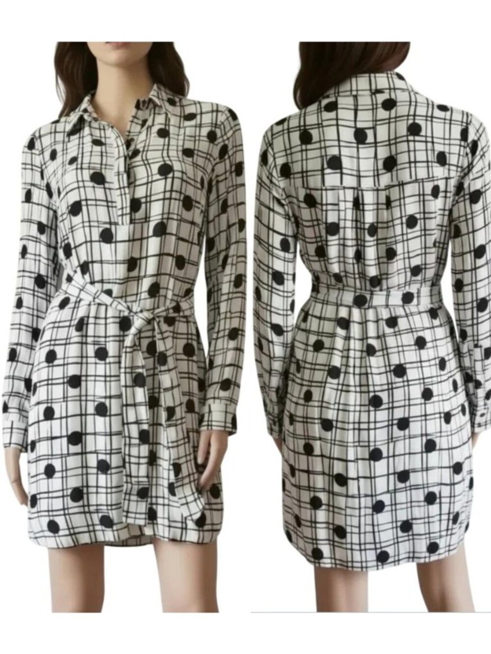 Cynthia Steffe Women's Navy Blue Polka Dot Plaid White Shirt Shift Dress Size 2